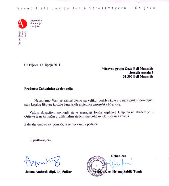 Zahvalnica Umjetničke akademije Zahvalnica Umjetničke akademije